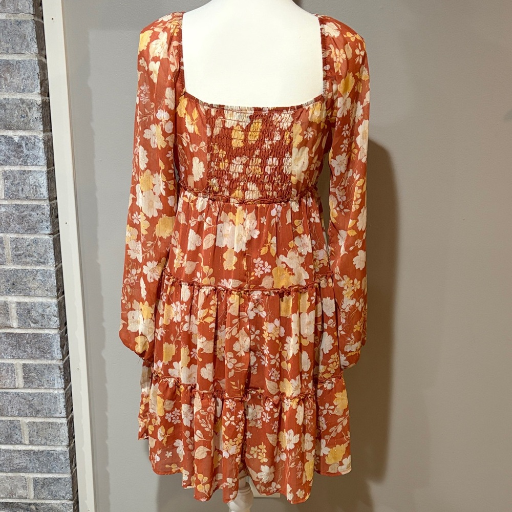 Trixxi Orange and Cream Floral Long Sleeve Dress - Picture 3 of 4